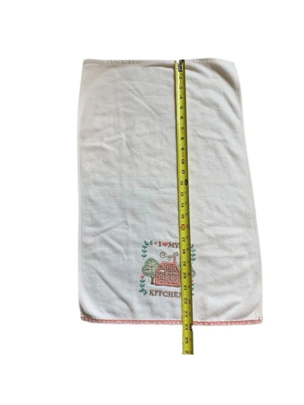 I Love My Kitchen Embroidered Cotton Hand Towels Set Of 2 White with Pink Trim